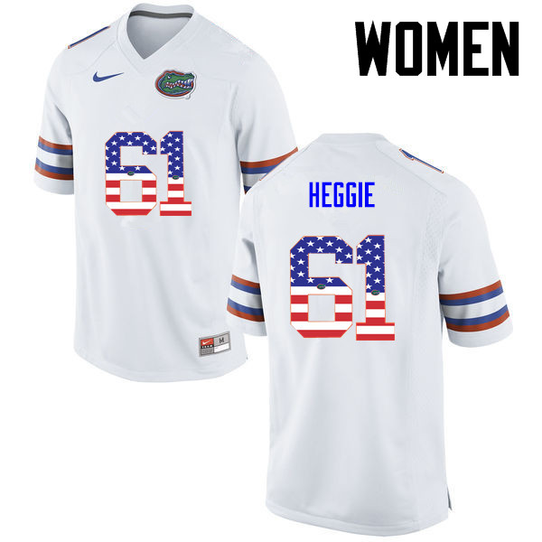 Women Florida Gators #61 Brett Heggie College Football USA Flag Fashion Jerseys-White - Click Image to Close